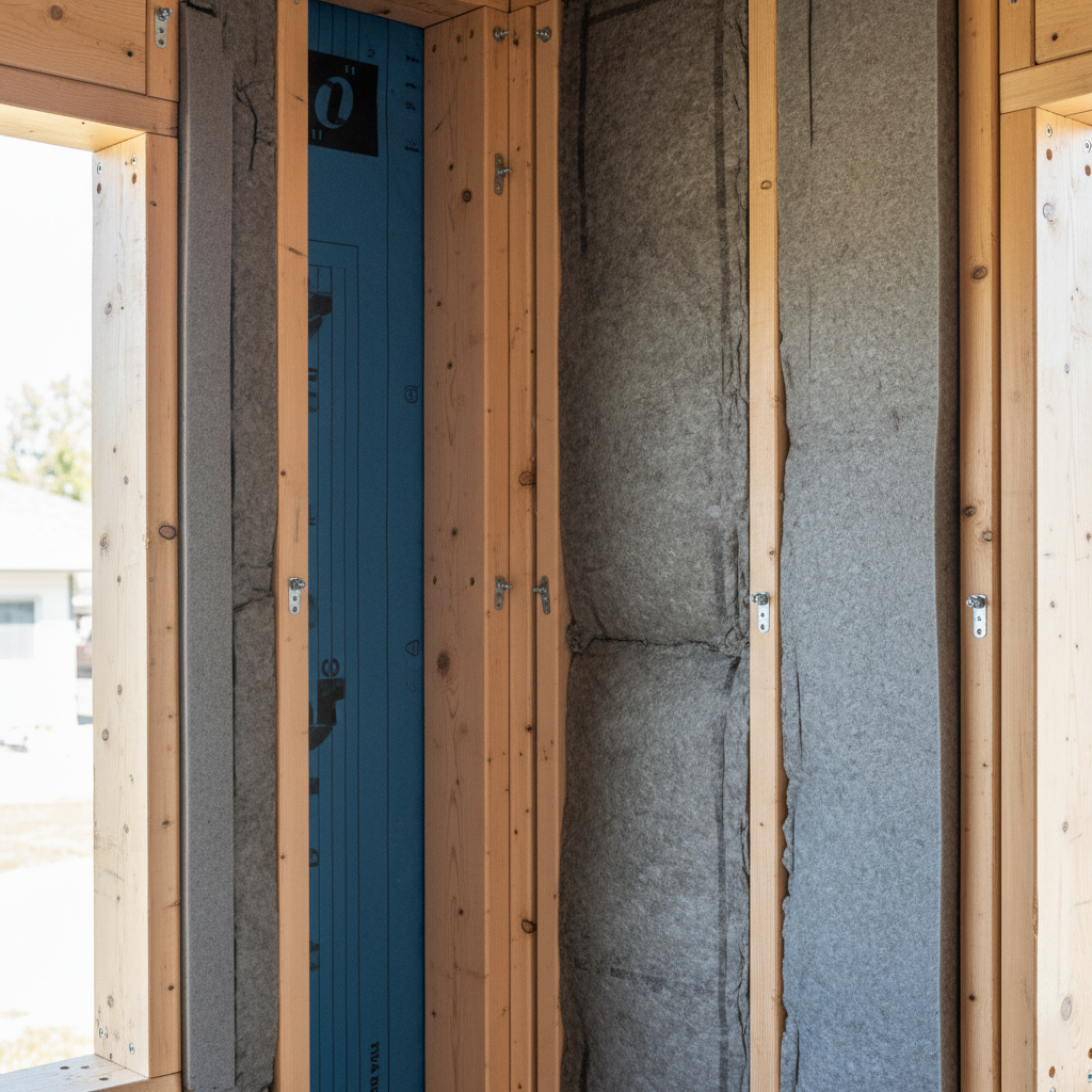 What Is a Thermal Bridge and How ADU Designs Work to Minimize It — A close-up, cutaway view of an ADU wall corner during construction, showcasing advanced frami