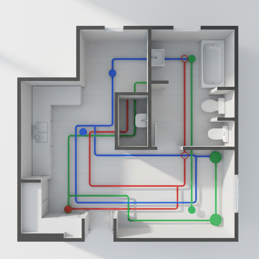 What Is a Stub-Out in ADU Plumbing and Why It Matters for Future Connections — Architectural rendering or photorealistic image of an ADU floor plan overlayed wi