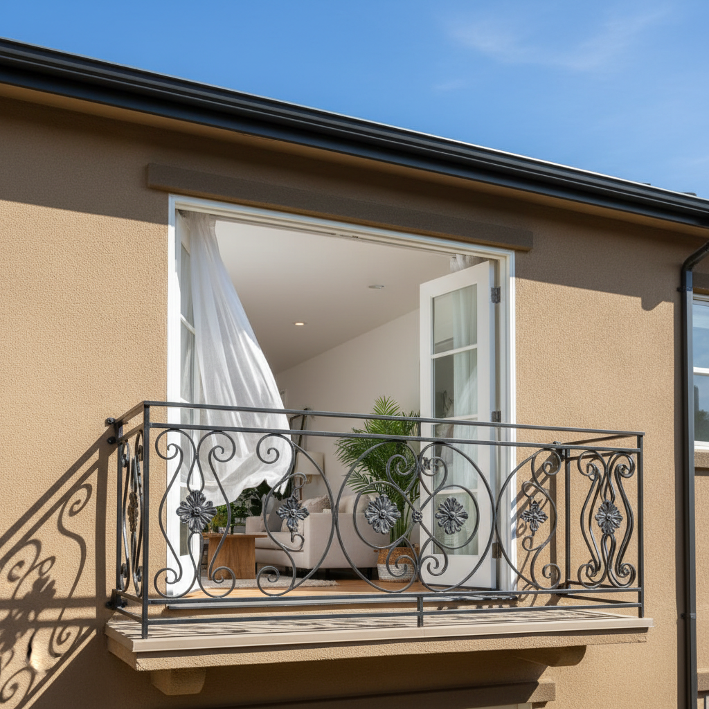 Juliet Balconies & Two-Story ADUs: A California Guide — A close-up, eye-level view of a beautifully crafted Juliet balcony on a contemporary two-story ADU, show