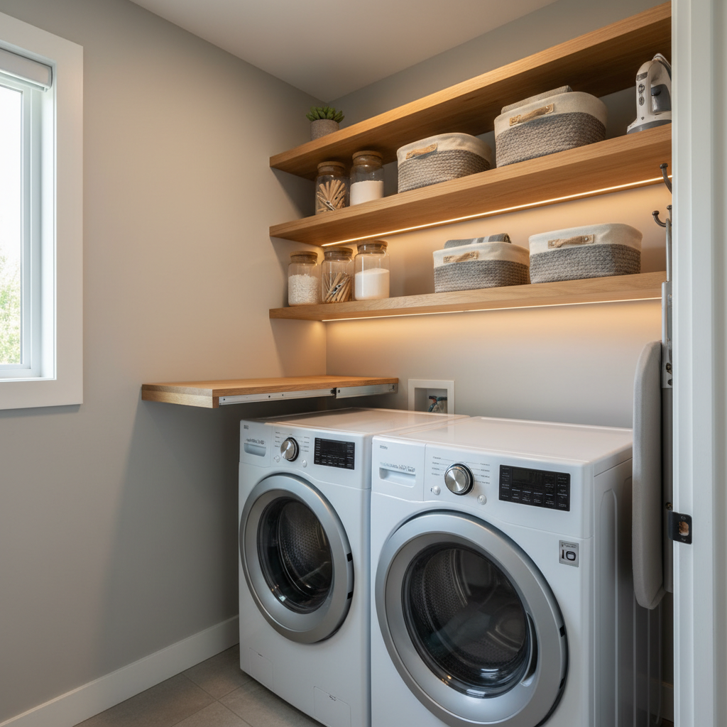 How to Add Laundry to an ADU: What Works in a Small Space — A close-up, well-lit shot of a dedicated ADU laundry closet with a stackable washer and dryer. Above