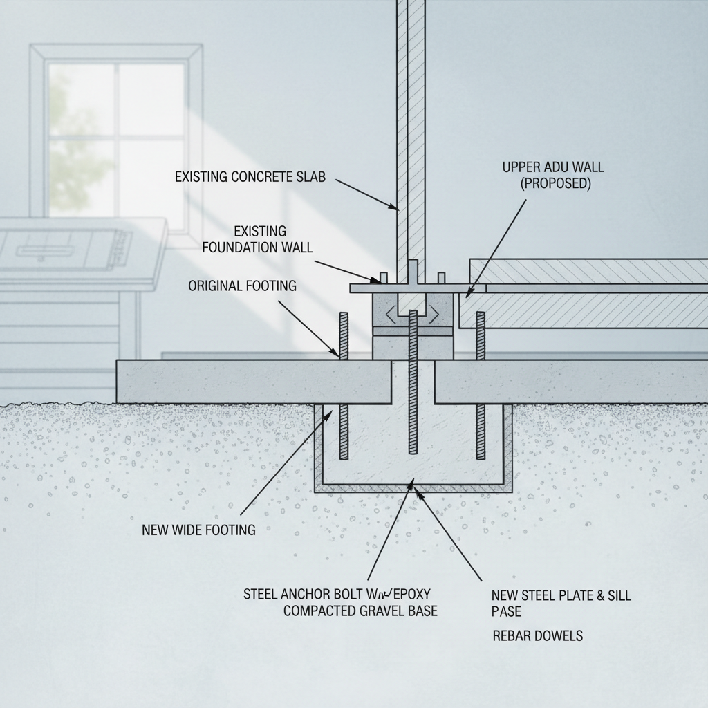 ADU Above Garage: Decoding Structural Requirements for Your California Home — A detailed architectural drawing or rendering showing the cross-section of an exis