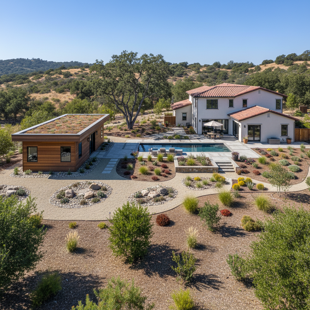 Navigating Your ADU Fire Department Review in California — An aerial or slightly elevated view of a well-maintained California backyard in a Wildland-Urban Inte