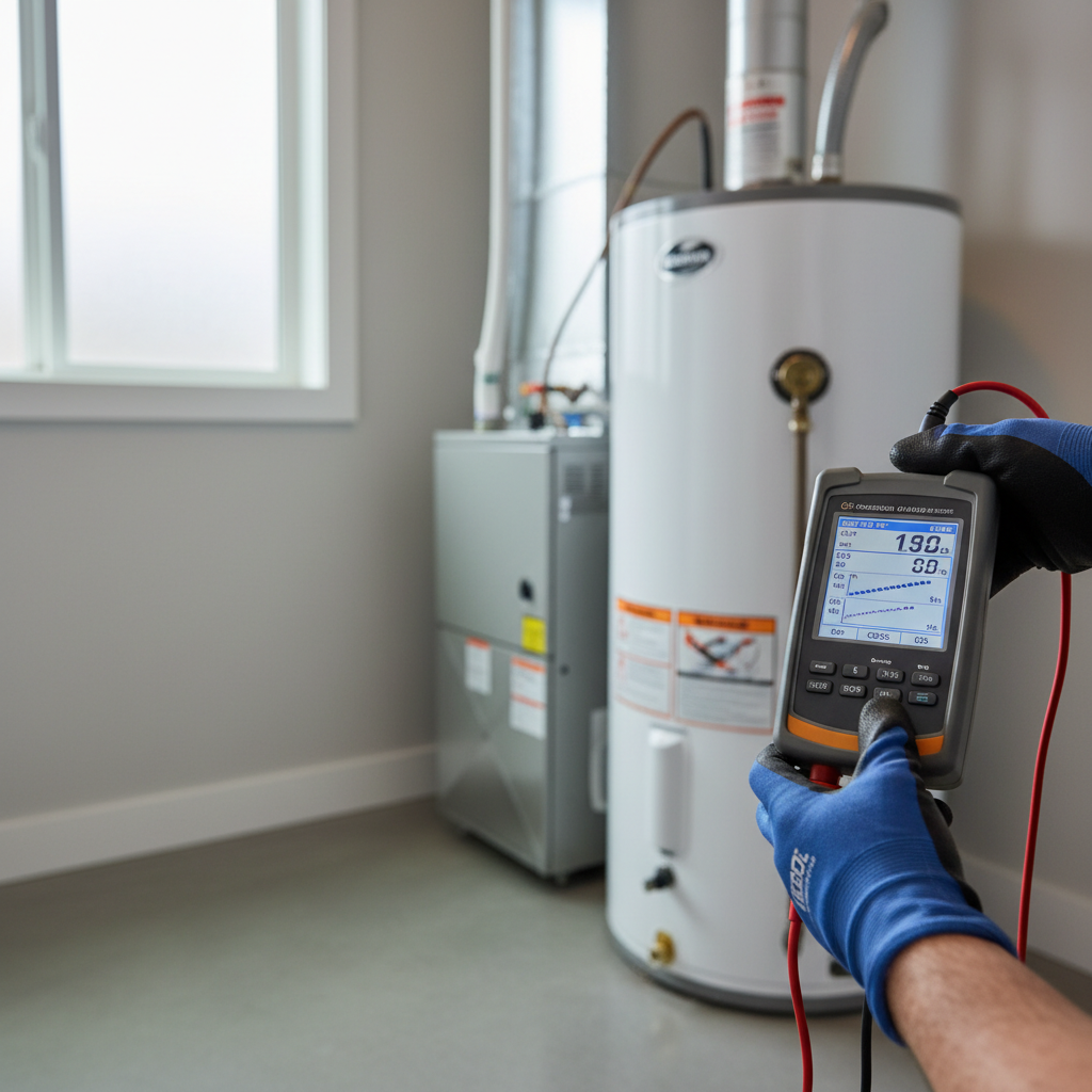 What Is a Combustion Safety Test and When Is It Required for ADU Mechanical Systems — Photorealistic close-up of a technician using a combustion analyzer tool n