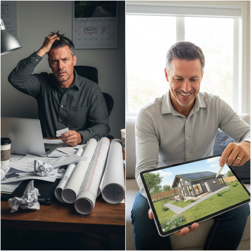What is a Conceptual ADU Design and When Do You Need One? — A split image or collage: one side shows a frustrated homeowner looking at a stack of revised bluepr