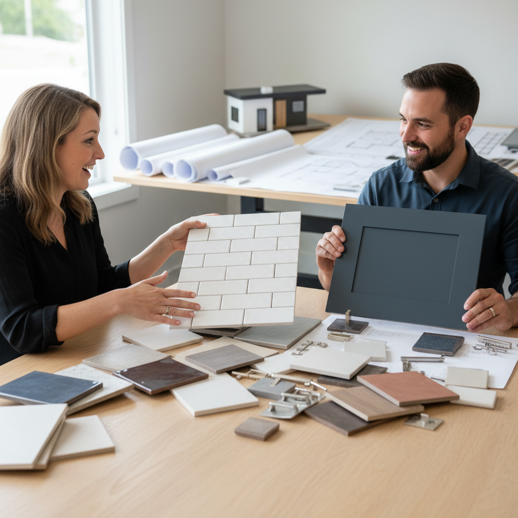Material Submittals in ADU Construction: Your Guide to Quality — A homeowner, smiling and engaged, reviewing a selection of tile samples and cabinet finishes wi