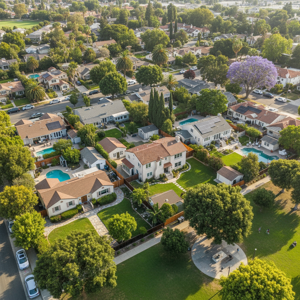 CEQA Exemption for ADUs: California's Path to Easier Backyard Homes — An aerial view of a vibrant, established California neighborhood with several well-integra