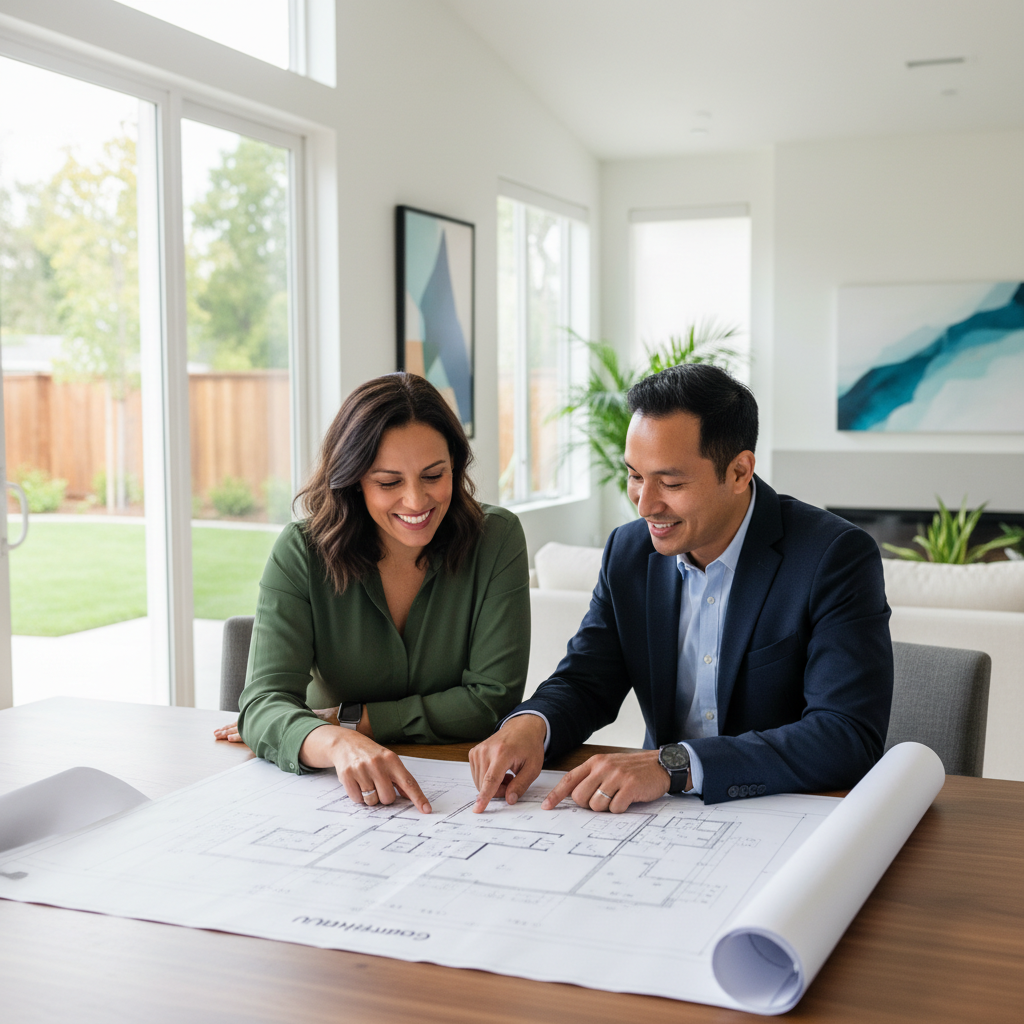 Discretionary Review & ADUs: California Exemptions Explained — A homeowner (diverse ethnicity, late 30s-early 40s, smiling) sitting at a modern table, reviewing