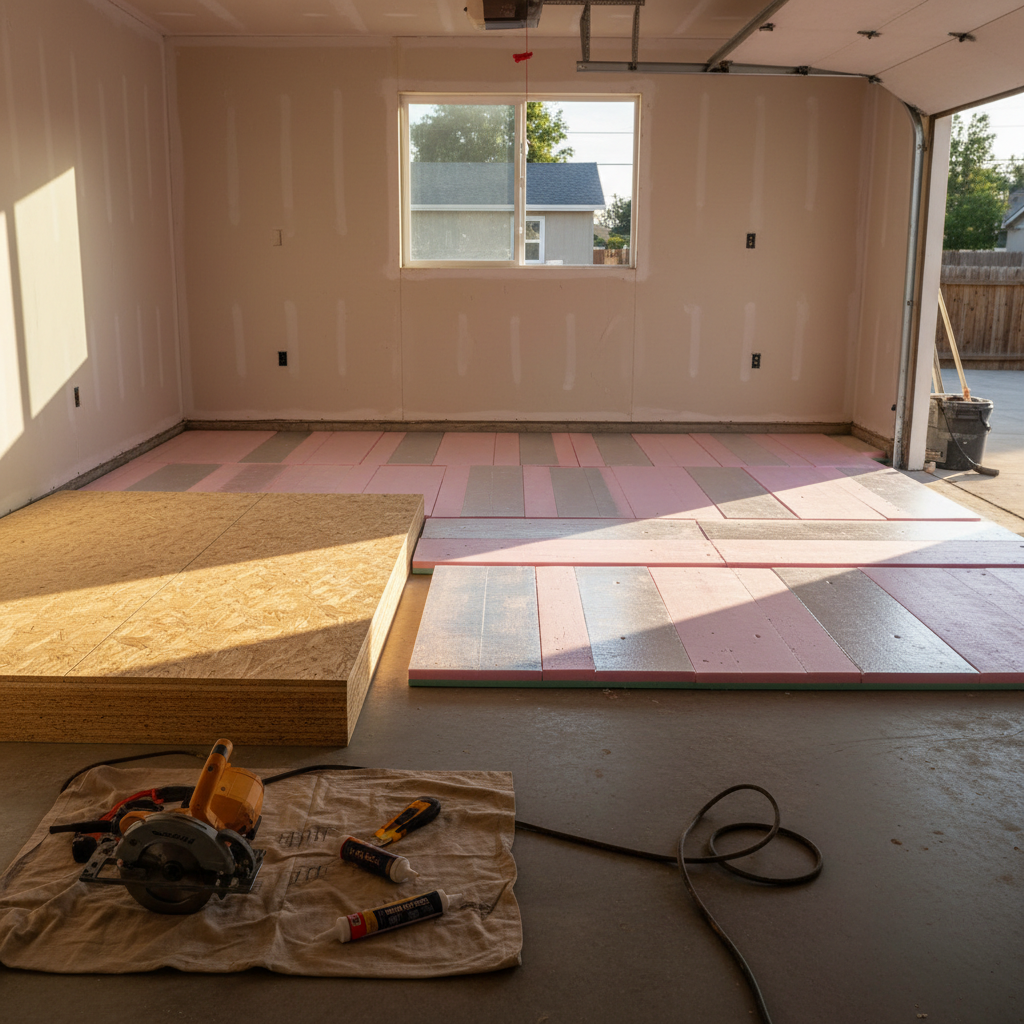 ADU Insulation in California: Permit & Performance Explained — Photorealistic, detailed image of rigid foam board insulation being laid out on an existing concr
