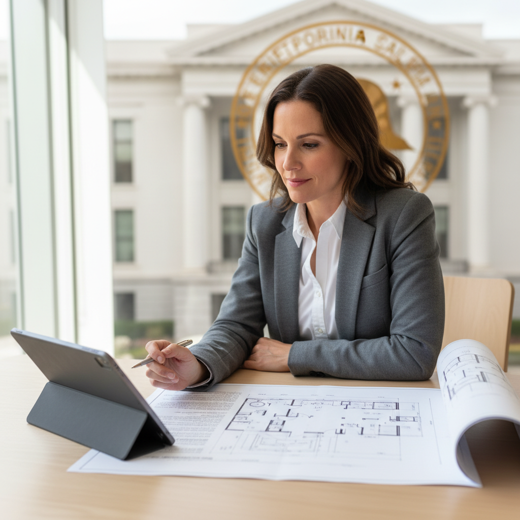 CA Housing Accountability Act: Protecting Your ADU Project — A homeowner, looking confident and informed, sits at a contemporary desk, reviewing ADU architectur