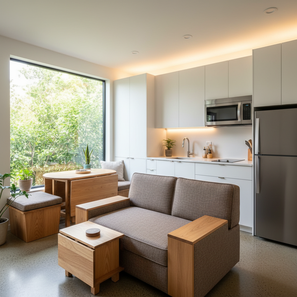 Designing a Small ADU for Two: Layouts for Comfortable Living — An interior shot of an open-concept small ADU living area, showing a clever arrangement of multi