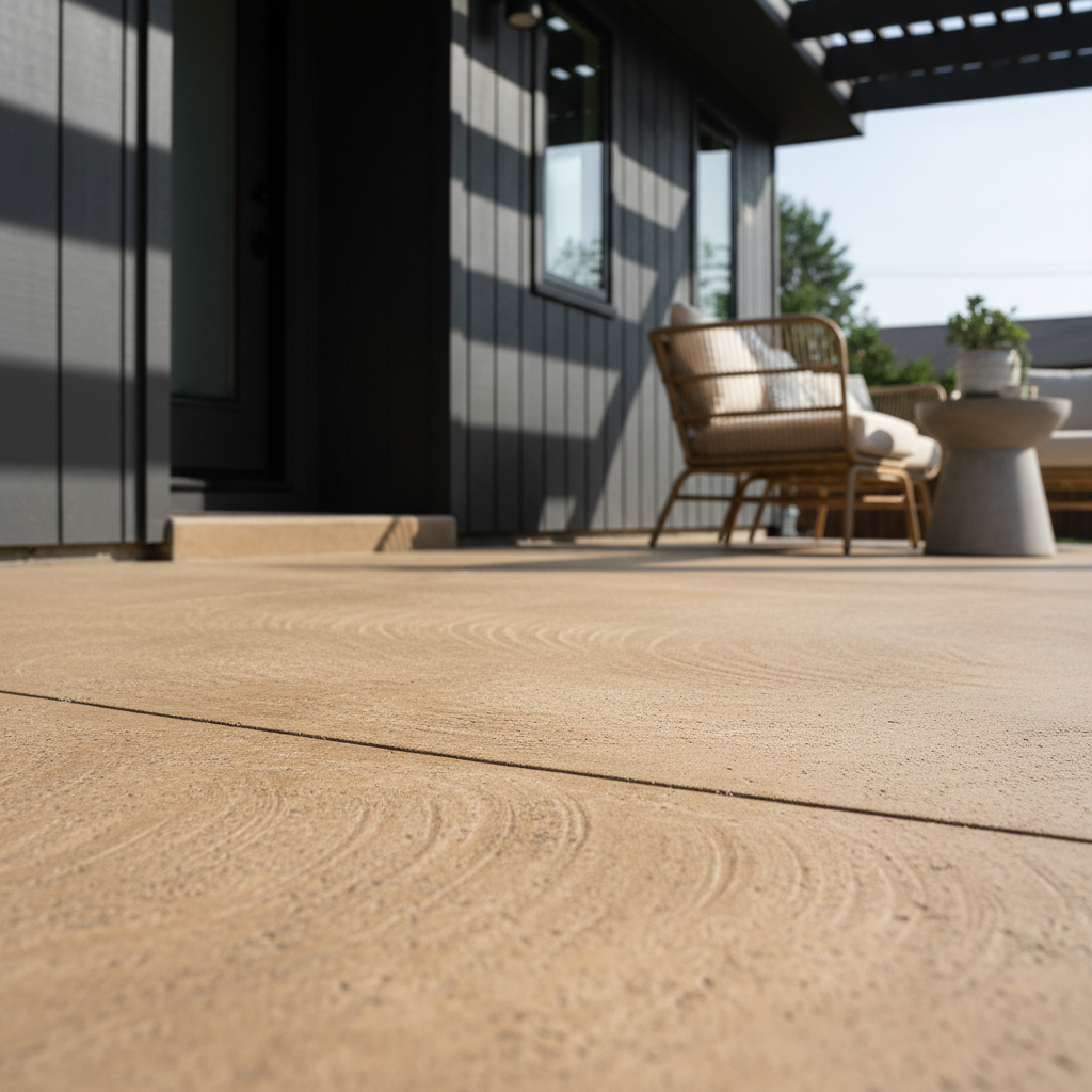 ADU Concrete Flatwork: Essential Guide for Your Backyard Home — A close-up shot of a decorative concrete patio surface adjacent to an ADU, showing a sophisticat
