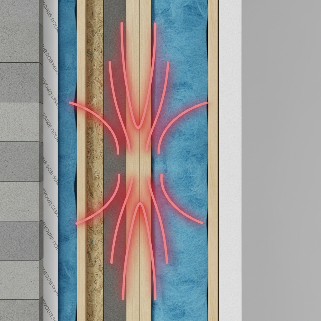 What Is a Thermal Bridge and How ADU Designs Work to Minimize It — A detailed cross-section diagram of an ADU wall, highlighting a thermal bridge at a wood stud