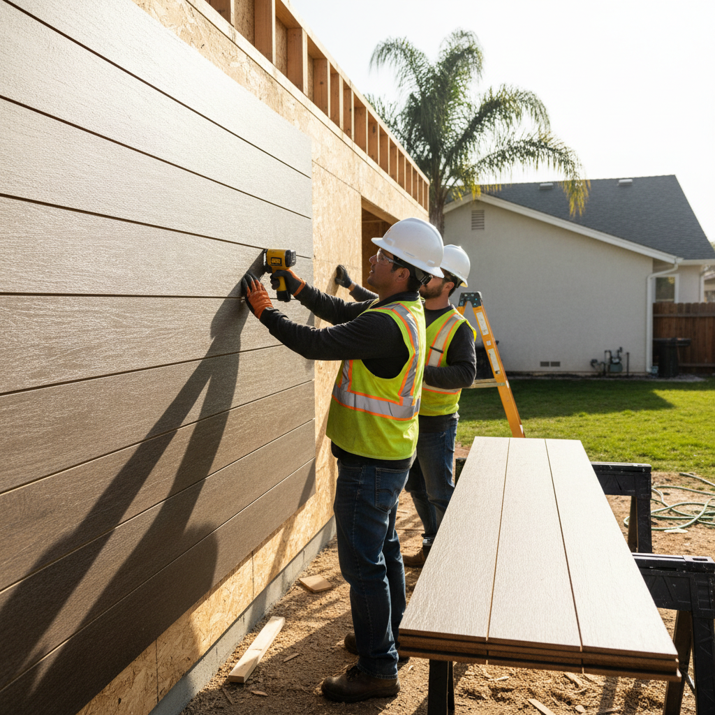 LP SmartSide for ADUs in California: Durability & Style — An active construction site for an Accessory Dwelling Unit (ADU) in California, with workers installin