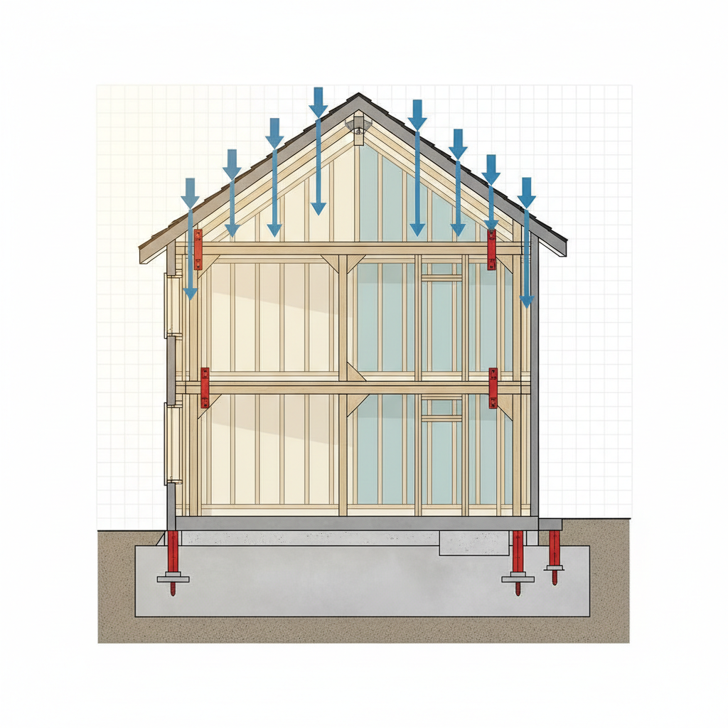 ADU Continuous Load Path: Building for California's Future — A cutaway diagram illustrating the continuous load path in a house cross-section, showing arrows re