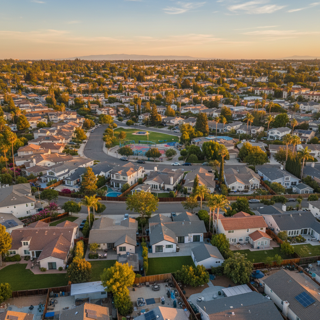 What Is AB 976 and How It Changed Owner Occupancy Rules for ADUs in California — An aerial view of a vibrant California neighborhood, showcasing several propert