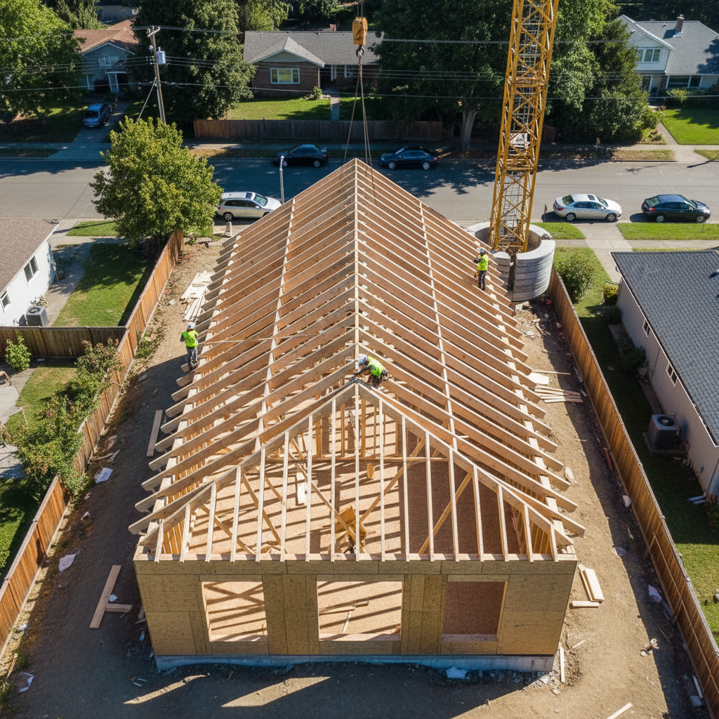 Truss Roof Systems for ADUs: A Comprehensive Guide — A photorealistic, aerial view of an ADU construction site. The roof trusses are already installed, showcasi
