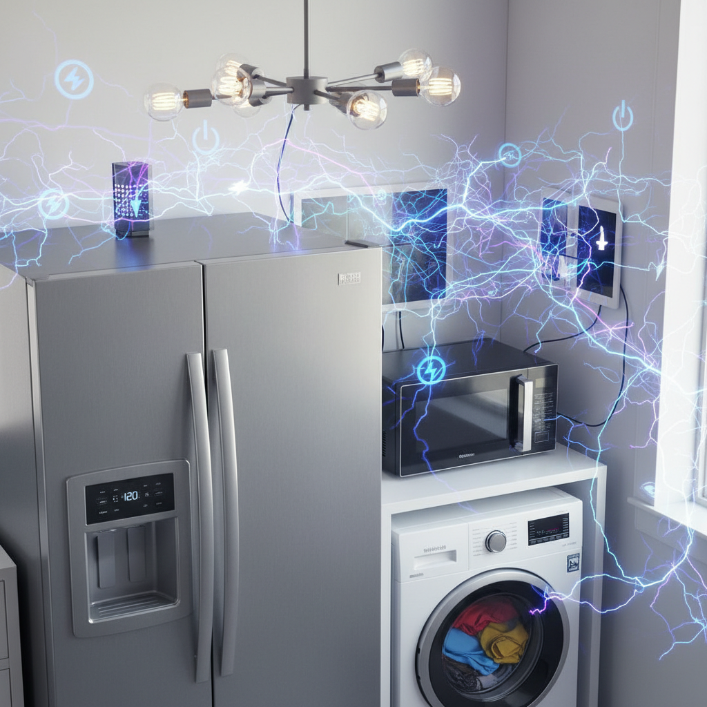 ADU Electrical Load Calculation: Why It's Crucial Before Permit — A close-up, high-angle shot of various household appliances and electrical devices, such as a