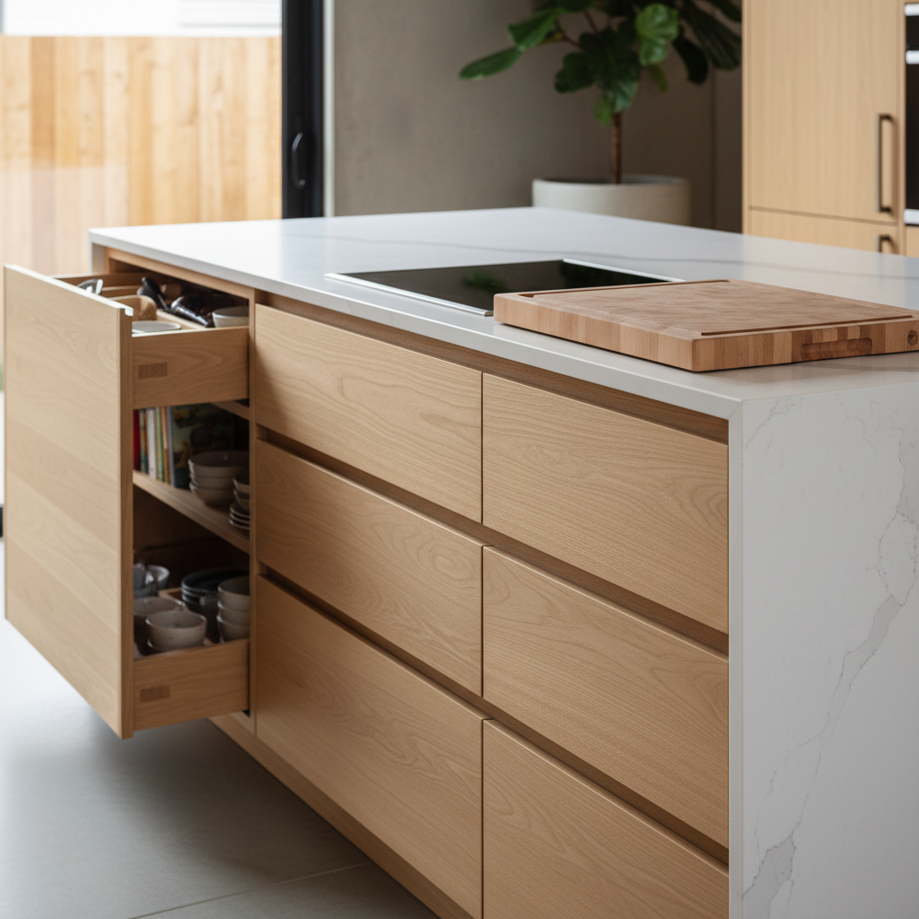 ADU Storage: Built-In vs. Flexible for Your Backyard Home — A close-up, detailed shot of a custom-built kitchen island in a modern ADU, featuring integrated dra