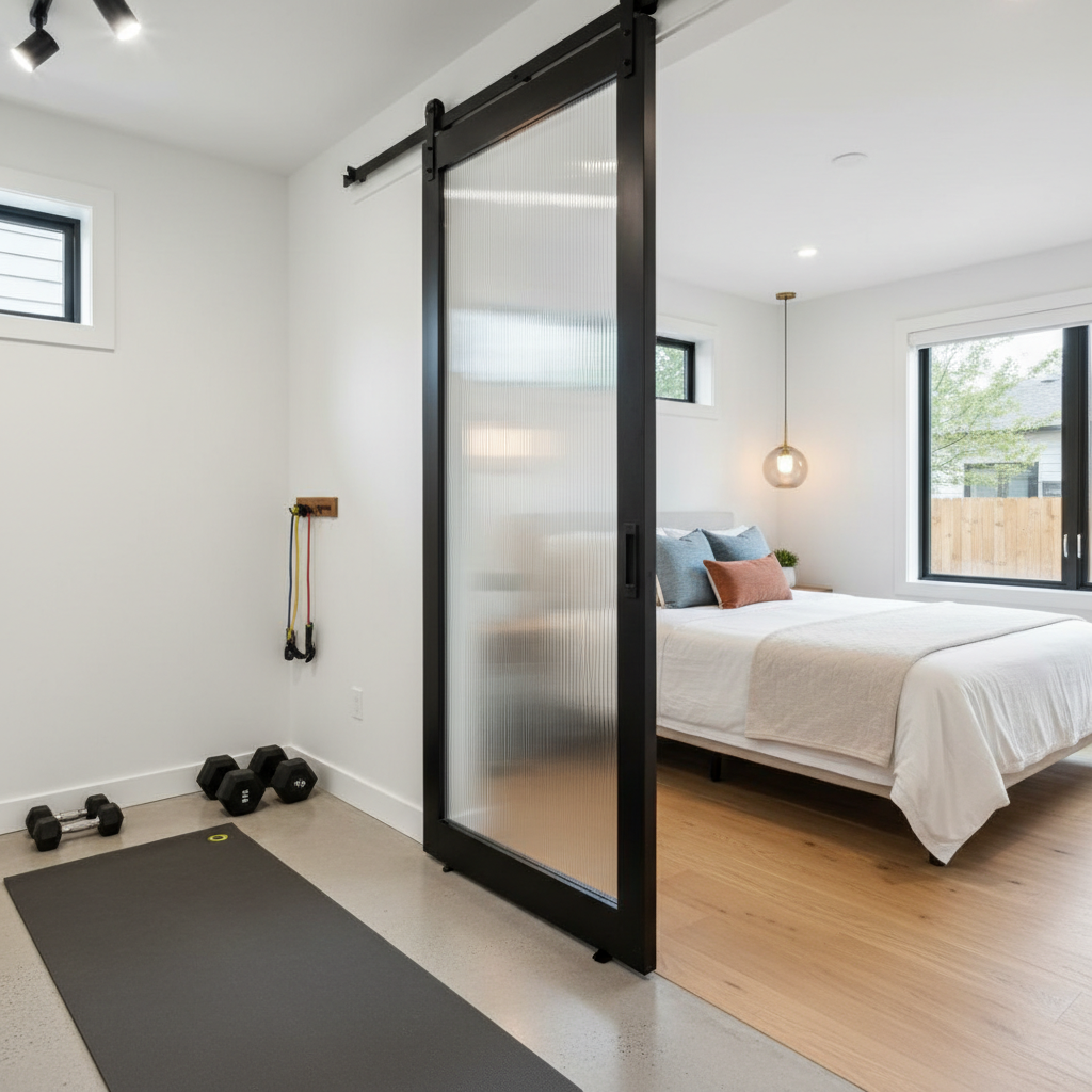ADU Flex Space: Design for Multiple Uses & Maximize Value — Photorealistic image of a sleek ADU flex space transitioning between uses. One side of the room feat