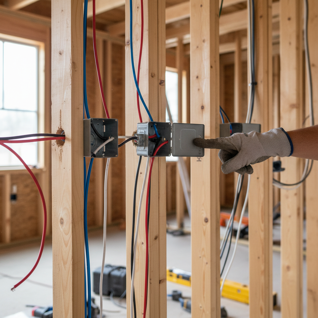 ADU Rough Inspection Checklist: What Gets Checked & Why It Matters — A close-up interior shot of an ADU under construction. The focus is on neatly organized ele