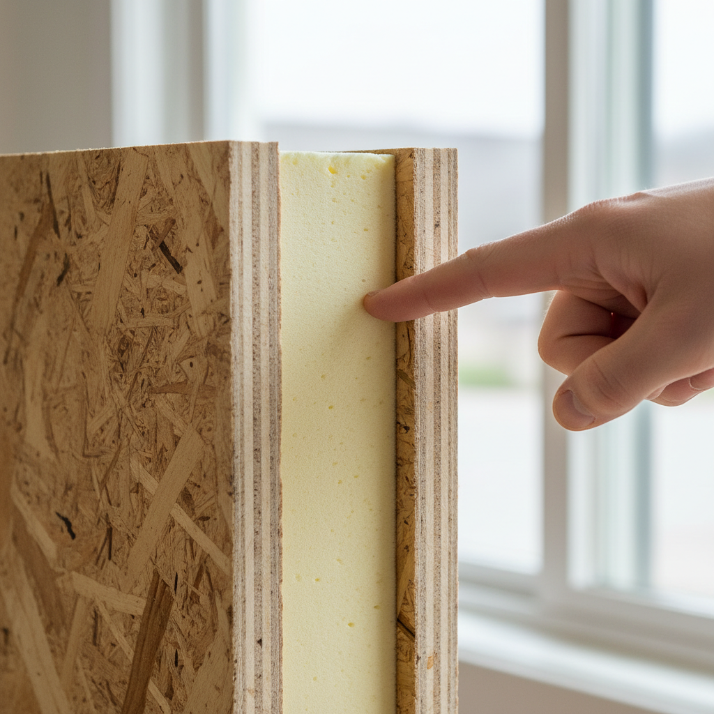 Structural Insulated Panels for ADUs: A Complete Guide — A detailed close-up, cut-away view of a Structural Insulated Panel (SIP), clearly showing the two outer